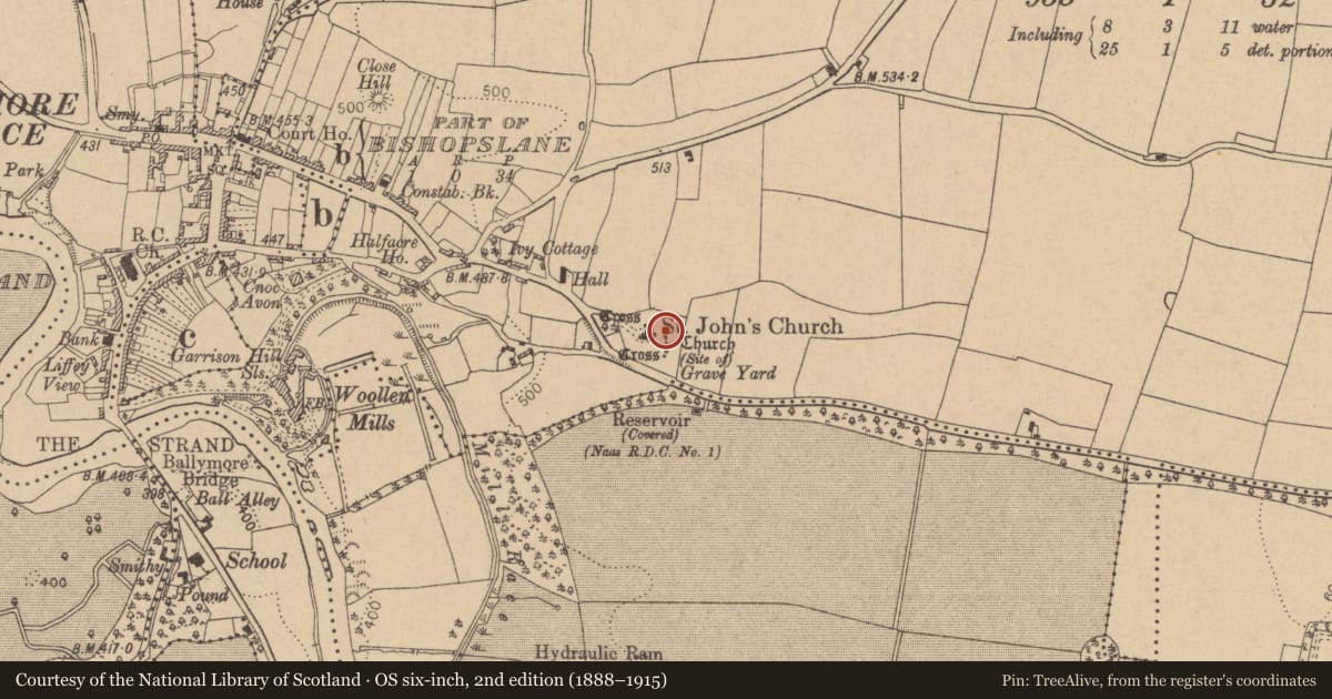 Ordnance Survey six-inch map, 2nd edition (1888–1915) covering the location of Graveslab, Ballymore Eustace East, County Kildare, with a pin at the register's coordinates
