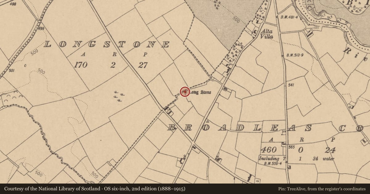Ordnance Survey six-inch map, 2nd edition (1888–1915) covering the location of Barrow - unclassified, Broadleas Commons, County Kildare, with a pin at the register's coordinates