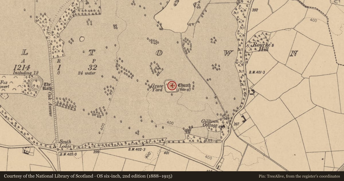 Ordnance Survey six-inch map, 2nd edition (1888–1915) covering the location of Church, Gilltown, County Kildare, with a pin at the register's coordinates