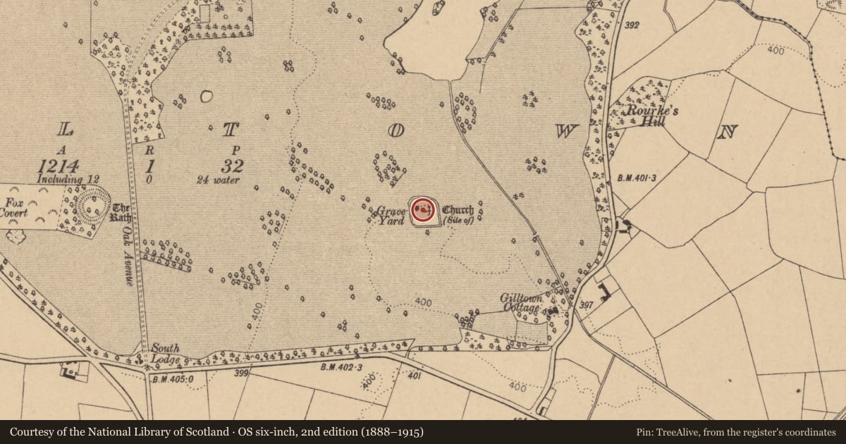 Ordnance Survey six-inch map, 2nd edition (1888–1915) covering the location of Graveyard, Gilltown, County Kildare, with a pin at the register's coordinates