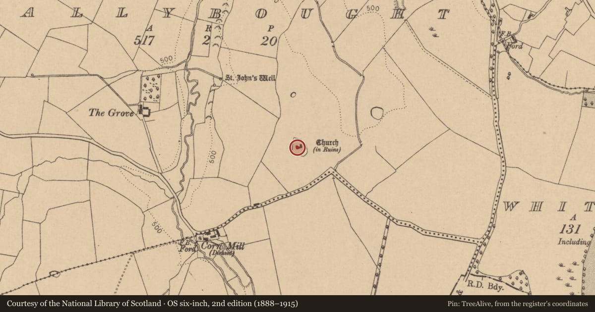 Ordnance Survey six-inch map, 2nd edition (1888–1915) covering the location of Church, Ballybought, County Kildare, with a pin at the register's coordinates
