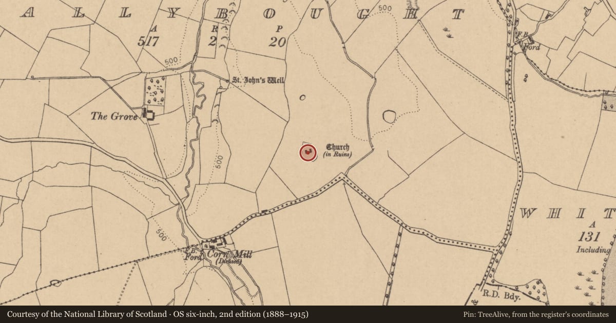 Ordnance Survey six-inch map, 2nd edition (1888–1915) covering the location of Graveyard, Ballybought, County Kildare, with a pin at the register's coordinates