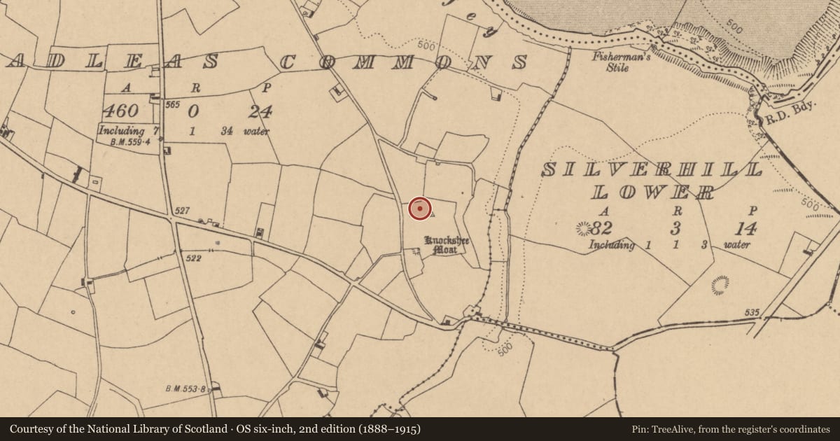 Ordnance Survey six-inch map, 2nd edition (1888–1915) covering the location of Enclosure, Broadleas Commons, County Kildare, with a pin at the register's coordinates