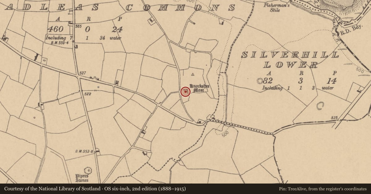 Ordnance Survey six-inch map, 2nd edition (1888–1915) covering the location of Mound, Broadleas Commons, County Kildare, with a pin at the register's coordinates