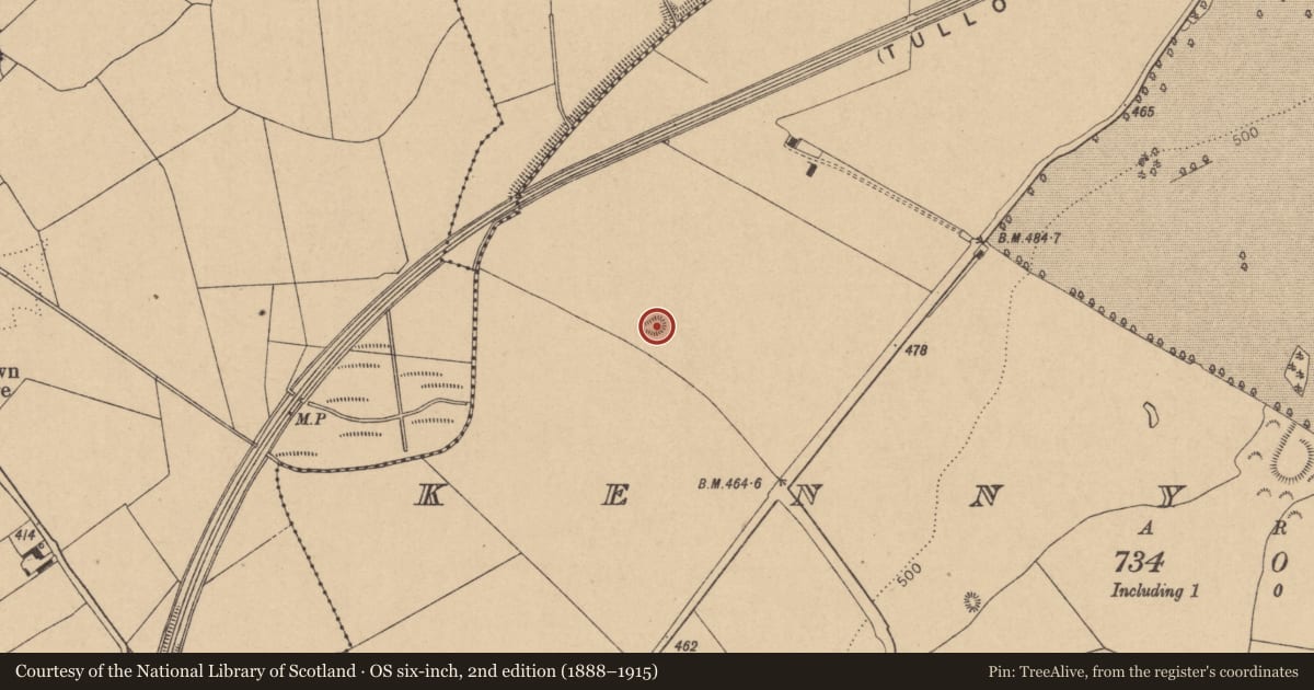 Ordnance Survey six-inch map, 2nd edition (1888–1915) covering the location of Burial, Kennycourt, County Kildare, with a pin at the register's coordinates