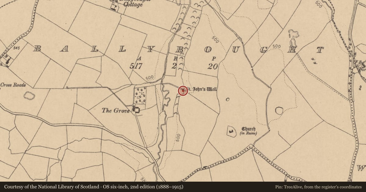 Ordnance Survey six-inch map, 2nd edition (1888–1915) covering the location of Ritual site - holy well, Ballybought, County Kildare, with a pin at the register's coordinates