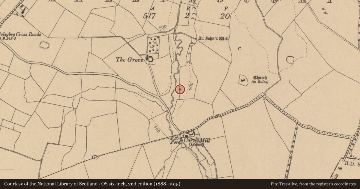 Ordnance Survey six-inch map, 2nd edition (1888–1915) covering the location of Bullaun stone, Ballybought, County Kildare, with a pin at the register's coordinates