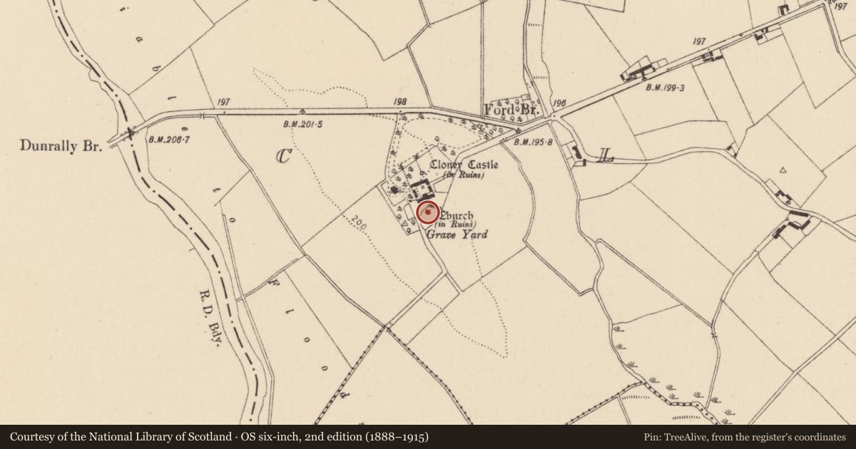 Ordnance Survey six-inch map, 2nd edition (1888–1915) covering the location of Church, Cloney, County Kildare, with a pin at the register's coordinates