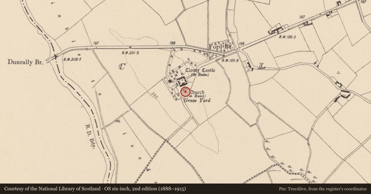 Ordnance Survey six-inch map, 2nd edition (1888–1915) covering the location of Graveyard, Cloney, County Kildare, with a pin at the register's coordinates