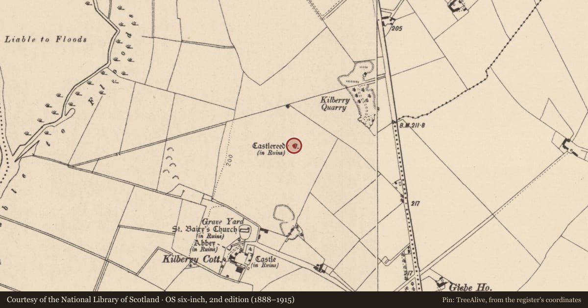Ordnance Survey six-inch map, 2nd edition (1888–1915) covering the location of Castle - unclassified, Kilberry, County Kildare, with a pin at the register's coordinates