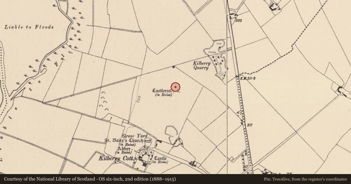 Ordnance Survey six-inch map, 2nd edition (1888–1915) covering the location of Bawn, Kilberry, County Kildare, with a pin at the register's coordinates