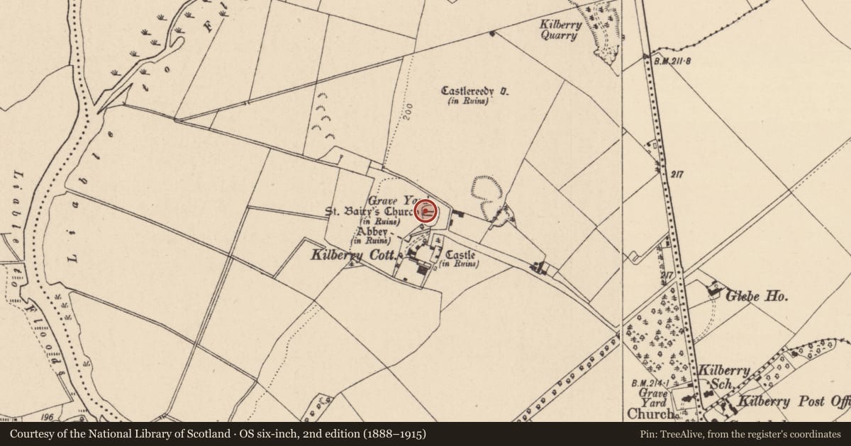 Ordnance Survey six-inch map, 2nd edition (1888–1915) covering the location of Church, Kilberry, County Kildare, with a pin at the register's coordinates