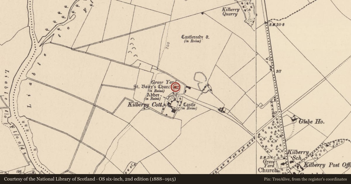 Ordnance Survey six-inch map, 2nd edition (1888–1915) covering the location of Graveyard, Kilberry, County Kildare, with a pin at the register's coordinates