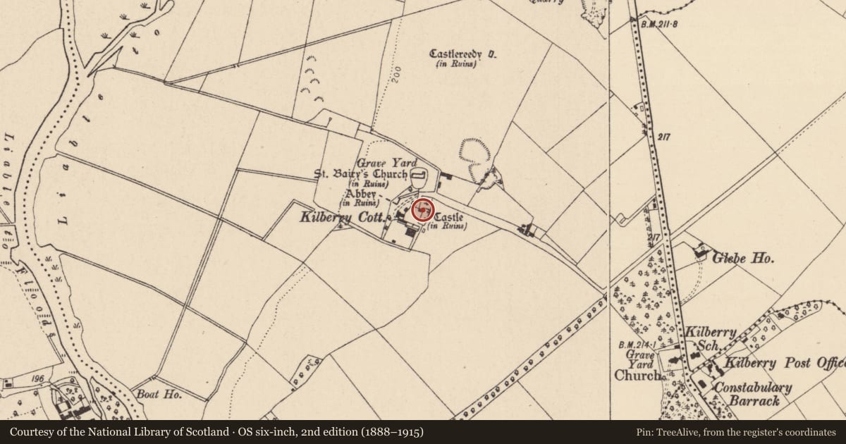 Ordnance Survey six-inch map, 2nd edition (1888–1915) covering the location of Gatehouse, Kilberry, County Kildare, with a pin at the register's coordinates