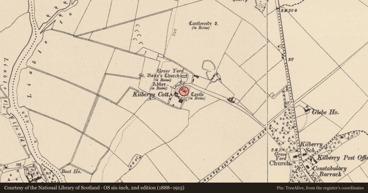 Ordnance Survey six-inch map, 2nd edition (1888–1915) covering the location of Bawn, Kilberry, County Kildare, with a pin at the register's coordinates