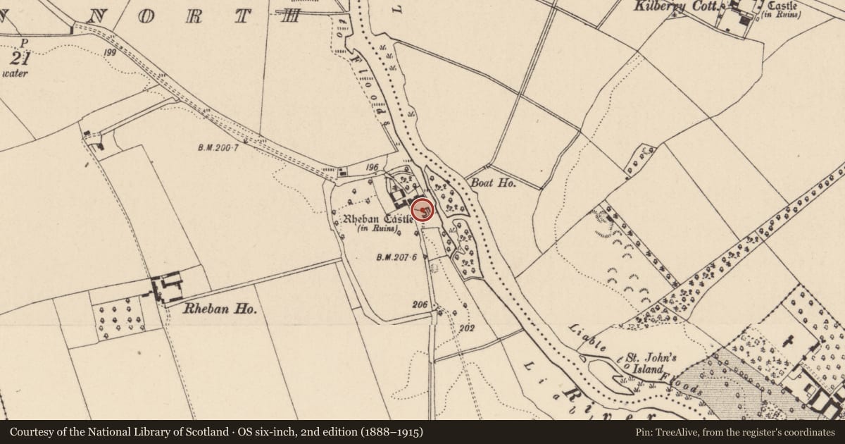 Ordnance Survey six-inch map, 2nd edition (1888–1915) covering the location of Castle - Anglo-Norman masonry castle, Castlereban North, County Kildare, with a pin at the register's coordinates