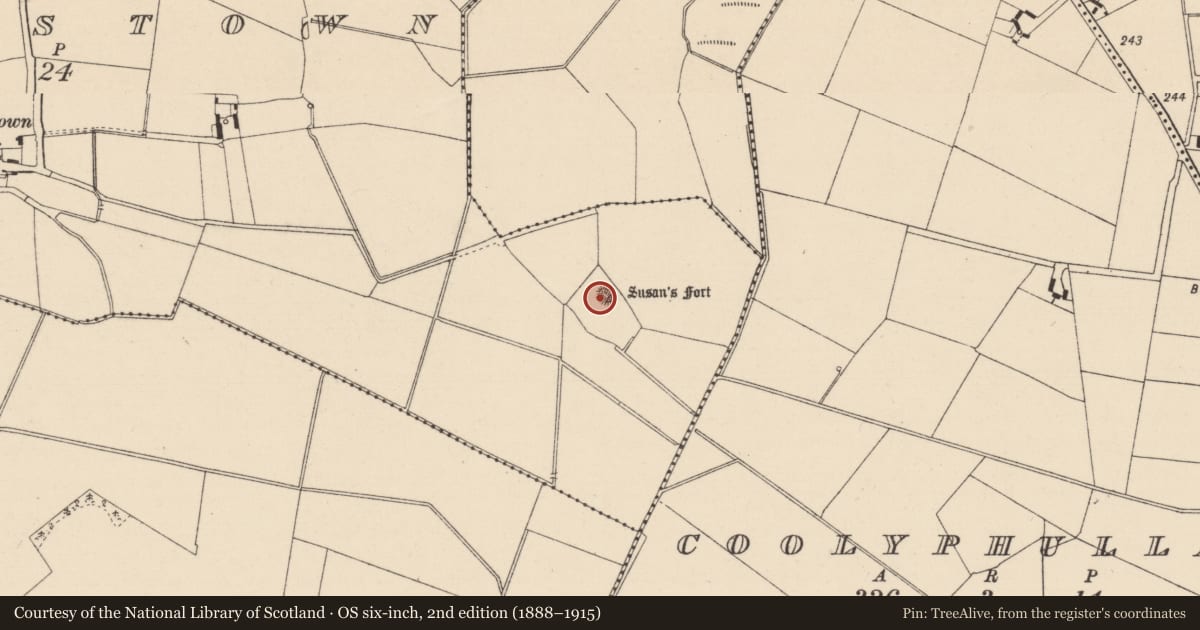 Ordnance Survey six-inch map, 2nd edition (1888–1915) covering the location of Barrow - mound barrow, Balkinstown, County Kildare, with a pin at the register's coordinates