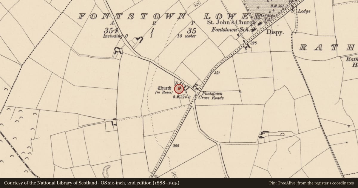 Ordnance Survey six-inch map, 2nd edition (1888–1915) covering the location of Graveyard, Fontstown Lower, County Kildare, with a pin at the register's coordinates