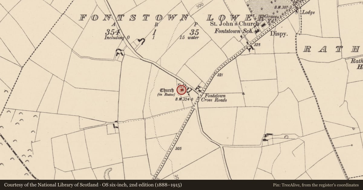 Ordnance Survey six-inch map, 2nd edition (1888–1915) covering the location of Font, Fontstown Lower, County Kildare, with a pin at the register's coordinates