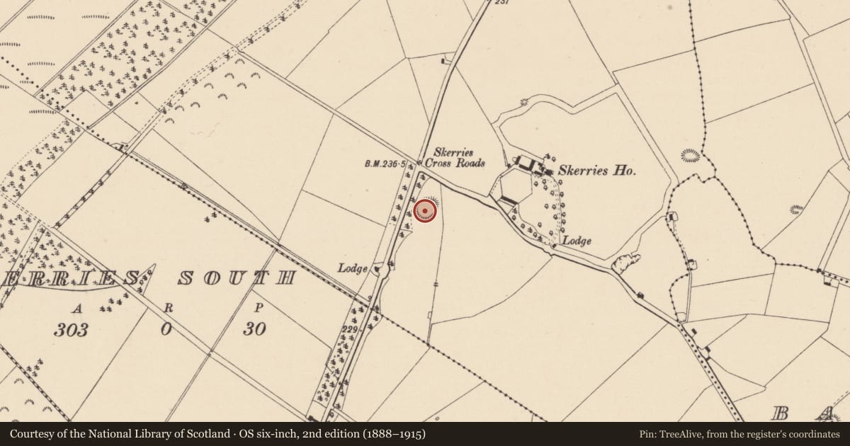 Ordnance Survey six-inch map, 2nd edition (1888–1915) covering the location of Enclosure, Skerries North, County Kildare, with a pin at the register's coordinates
