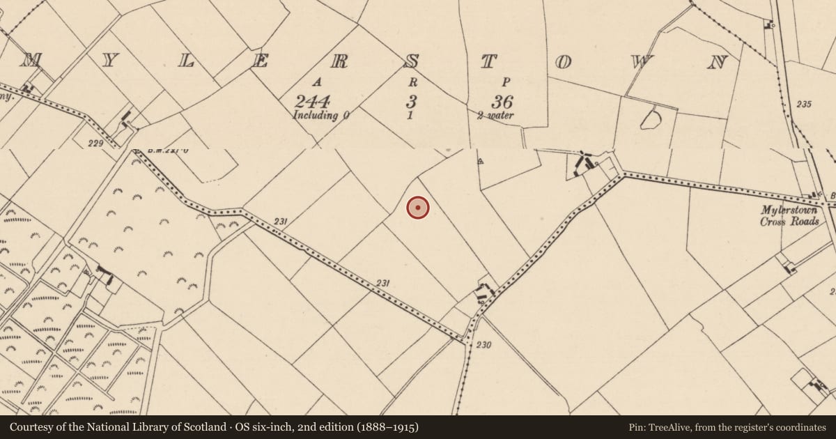 Ordnance Survey six-inch map, 2nd edition (1888–1915) covering the location of Enclosure, Mylerstown, County Kildare, with a pin at the register's coordinates