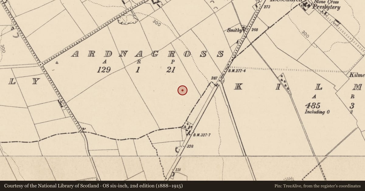 Ordnance Survey six-inch map, 2nd edition (1888–1915) covering the location of Enclosure, Ardnagross, County Kildare, with a pin at the register's coordinates