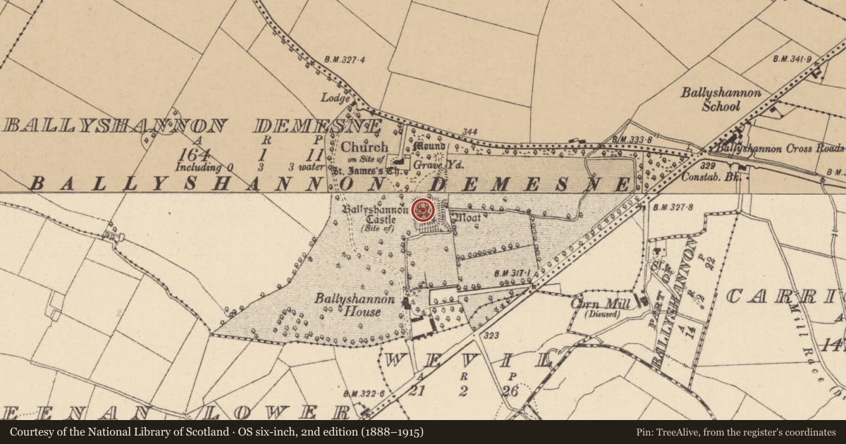 Ordnance Survey six-inch map, 2nd edition (1888–1915) covering the location of Bastioned fort, Ballyshannon Demesne, County Kildare, with a pin at the register's coordinates