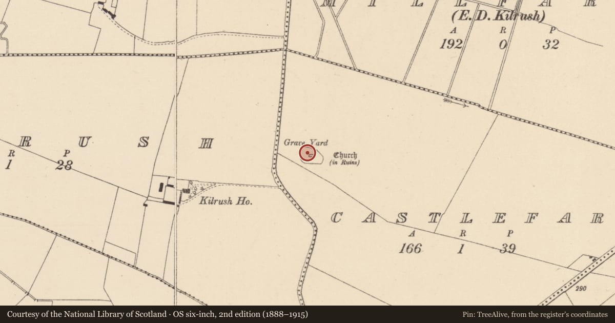 Ordnance Survey six-inch map, 2nd edition (1888–1915) covering the location of Graveyard, Castlefarm, County Kildare, with a pin at the register's coordinates