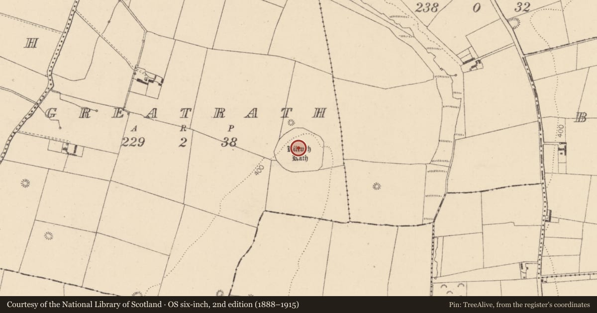 Ordnance Survey six-inch map, 2nd edition (1888–1915) covering the location of Enclosure, Greatrath, County Kildare, with a pin at the register's coordinates