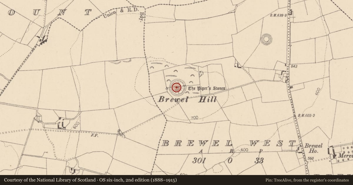 Ordnance Survey six-inch map, 2nd edition (1888–1915) covering the location of Ceremonial enclosure, Brewel West, County Kildare, with a pin at the register's coordinates