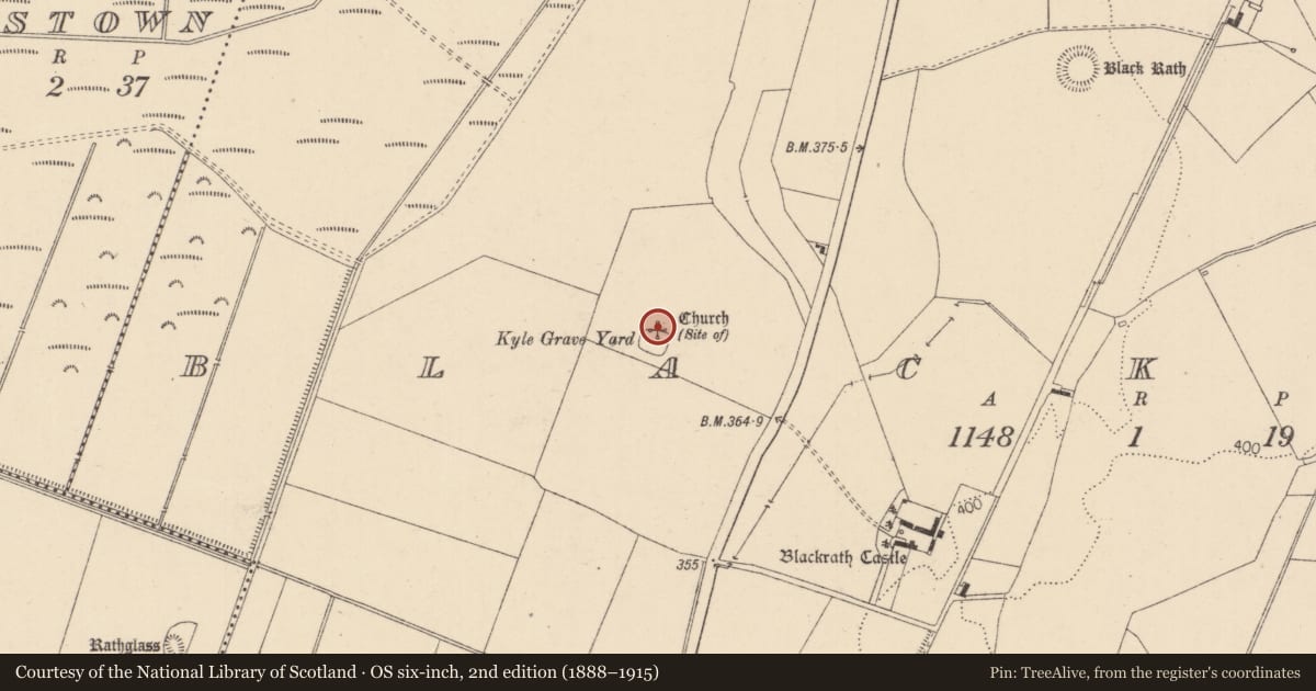 Ordnance Survey six-inch map, 2nd edition (1888–1915) covering the location of Church, Blackrath, County Kildare, with a pin at the register's coordinates