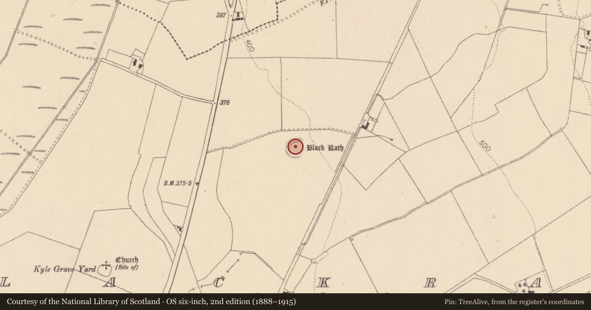 Ordnance Survey six-inch map, 2nd edition (1888–1915) covering the location of Ringfort - rath, Blackrath, County Kildare, with a pin at the register's coordinates