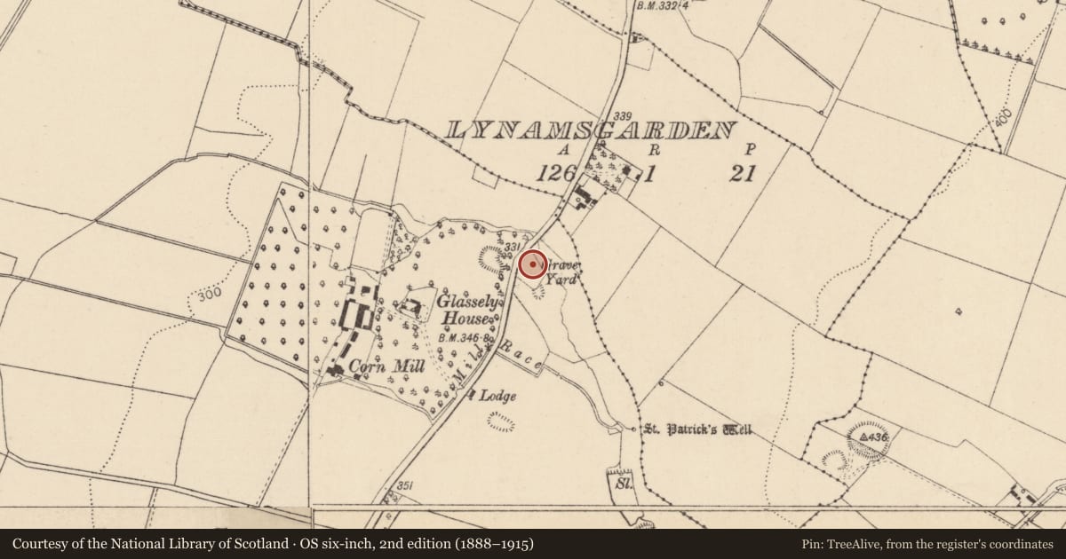 Ordnance Survey six-inch map, 2nd edition (1888–1915) covering the location of Church, Glassely, County Kildare, with a pin at the register's coordinates