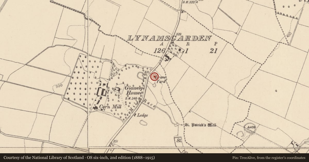 Ordnance Survey six-inch map, 2nd edition (1888–1915) covering the location of Tomb - chest tomb, Glassely, County Kildare, with a pin at the register's coordinates