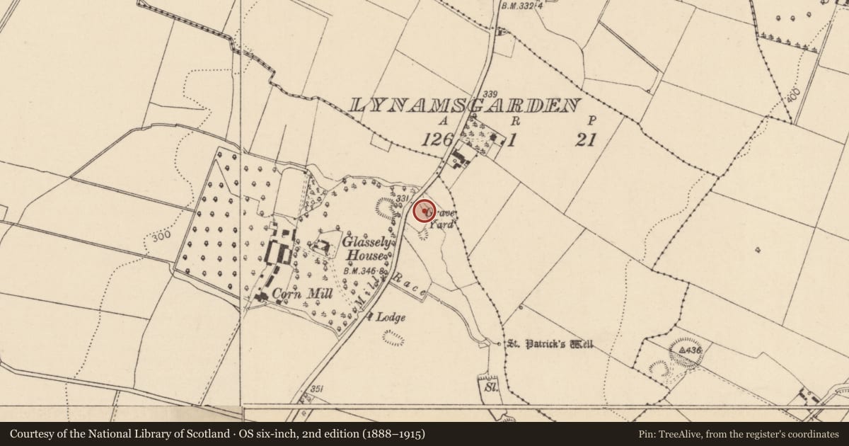 Ordnance Survey six-inch map, 2nd edition (1888–1915) covering the location of Cross, Glassely, County Kildare, with a pin at the register's coordinates