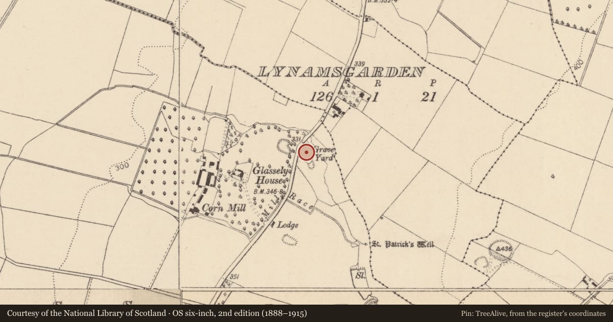 Ordnance Survey six-inch map, 2nd edition (1888–1915) covering the location of Graveyard, Glassely, County Kildare, with a pin at the register's coordinates