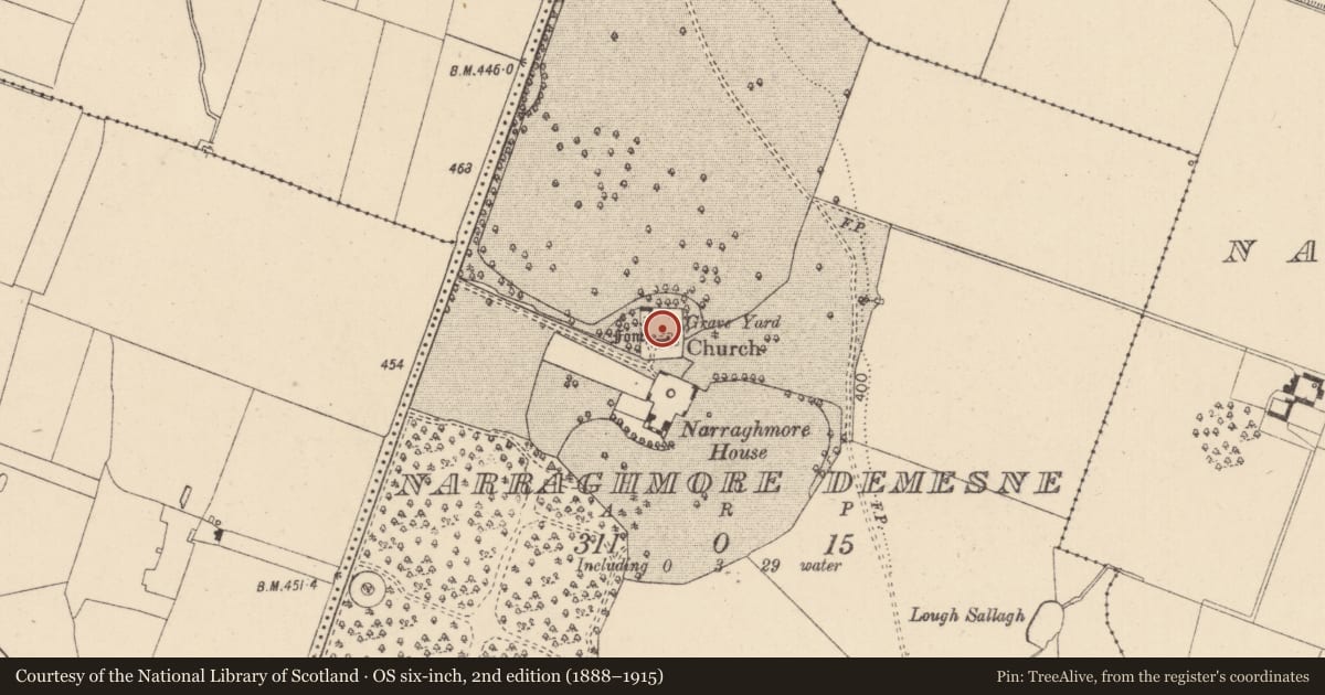 Ordnance Survey six-inch map, 2nd edition (1888–1915) covering the location of Church, Narraghmore Demesne, County Kildare, with a pin at the register's coordinates