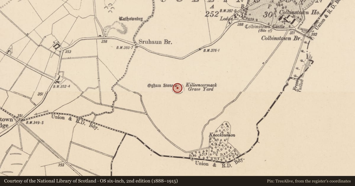 Ordnance Survey six-inch map, 2nd edition (1888–1915) covering the location of Burial ground, Colbinstown, County Kildare, with a pin at the register's coordinates