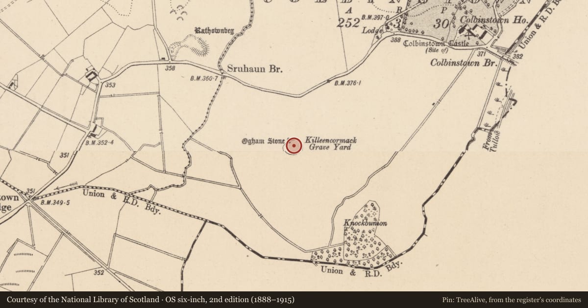 Ordnance Survey six-inch map, 2nd edition (1888–1915) covering the location of Cross, Colbinstown, County Kildare, with a pin at the register's coordinates
