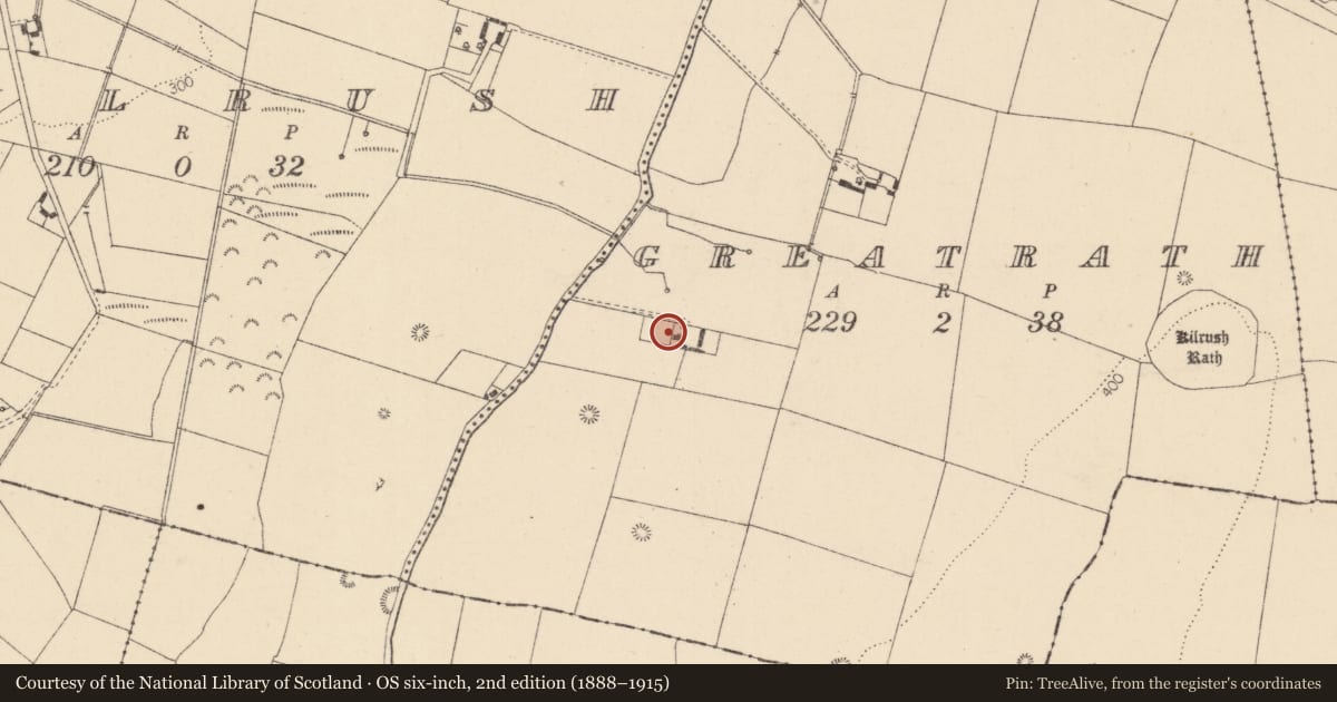 Ordnance Survey six-inch map, 2nd edition (1888–1915) covering the location of House - 17th century, Greatrath, County Kildare, with a pin at the register's coordinates