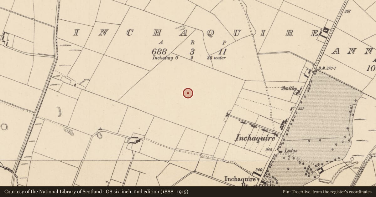 Ordnance Survey six-inch map, 2nd edition (1888–1915) covering the location of Barrow - ditch barrow, Inchaquire, County Kildare, with a pin at the register's coordinates