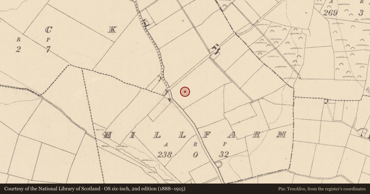 Ordnance Survey six-inch map, 2nd edition (1888–1915) covering the location of Barrow - ditch barrow, Hillfarm, County Kildare, with a pin at the register's coordinates