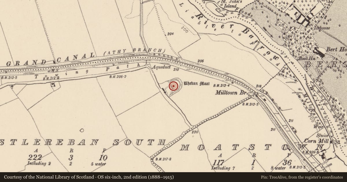 Ordnance Survey six-inch map, 2nd edition (1888–1915) covering the location of Ringfort - rath, Castlereban South, County Kildare, with a pin at the register's coordinates