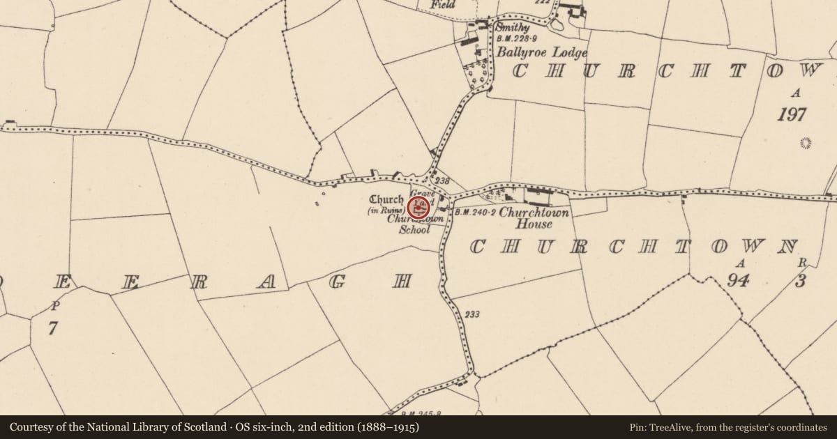 Ordnance Survey six-inch map, 2nd edition (1888–1915) covering the location of Church, Raheenadeeragh, County Kildare, with a pin at the register's coordinates