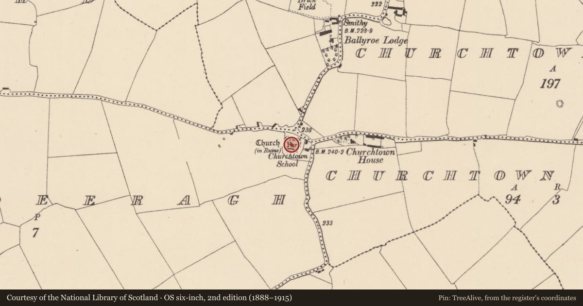 Ordnance Survey six-inch map, 2nd edition (1888–1915) covering the location of Graveyard, Raheenadeeragh, County Kildare, with a pin at the register's coordinates