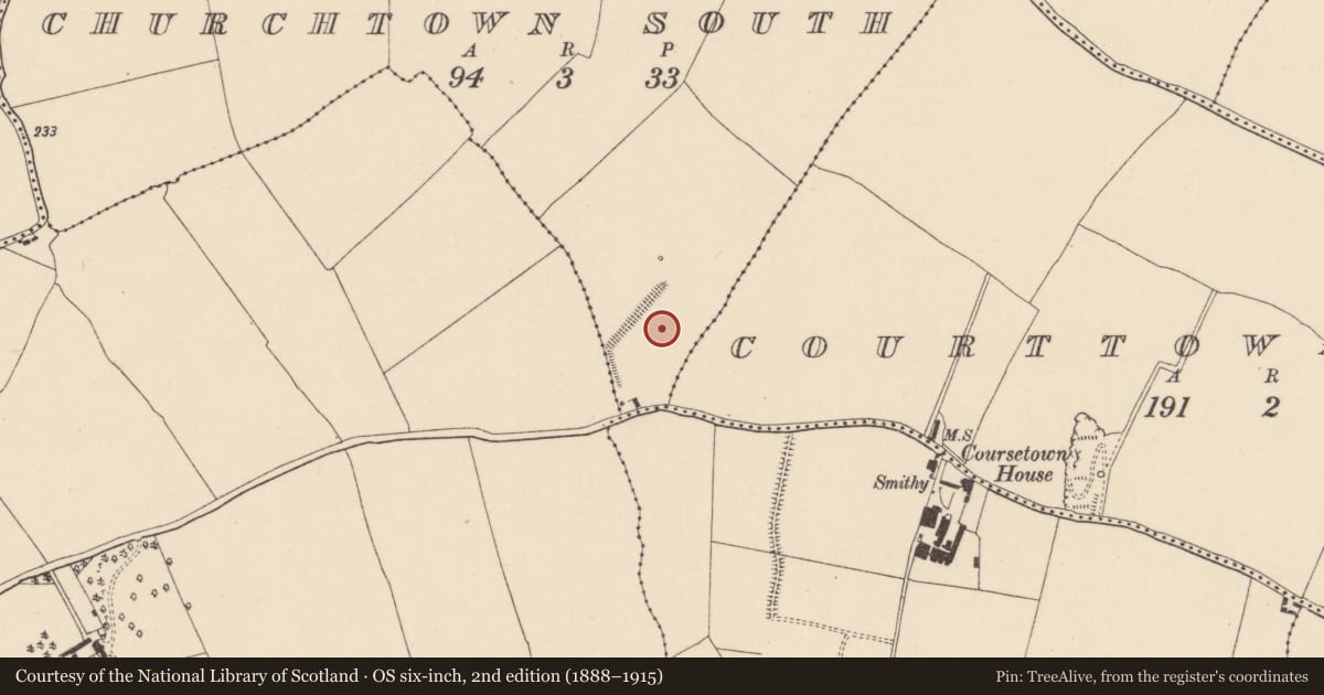 Ordnance Survey six-inch map, 2nd edition (1888–1915) covering the location of Brickworks, Churchtown South, County Kildare, with a pin at the register's coordinates