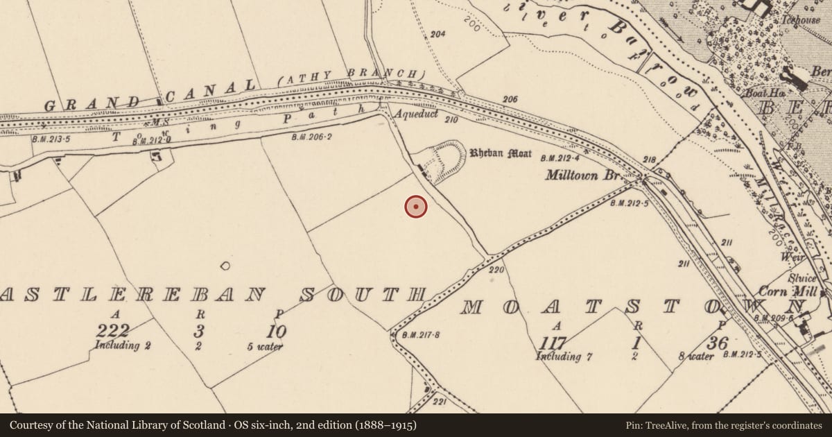 Ordnance Survey six-inch map, 2nd edition (1888–1915) covering the location of Ring-ditch, Castlereban South, County Kildare, with a pin at the register's coordinates