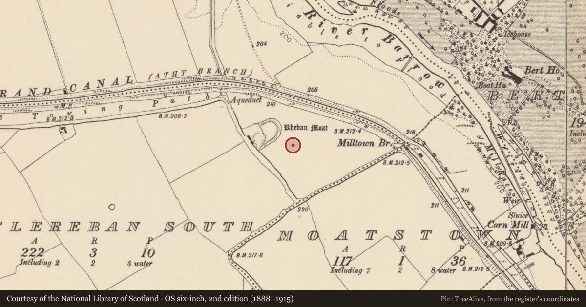 Ordnance Survey six-inch map, 2nd edition (1888–1915) covering the location of Ring-ditch, Castlereban South, County Kildare, with a pin at the register's coordinates