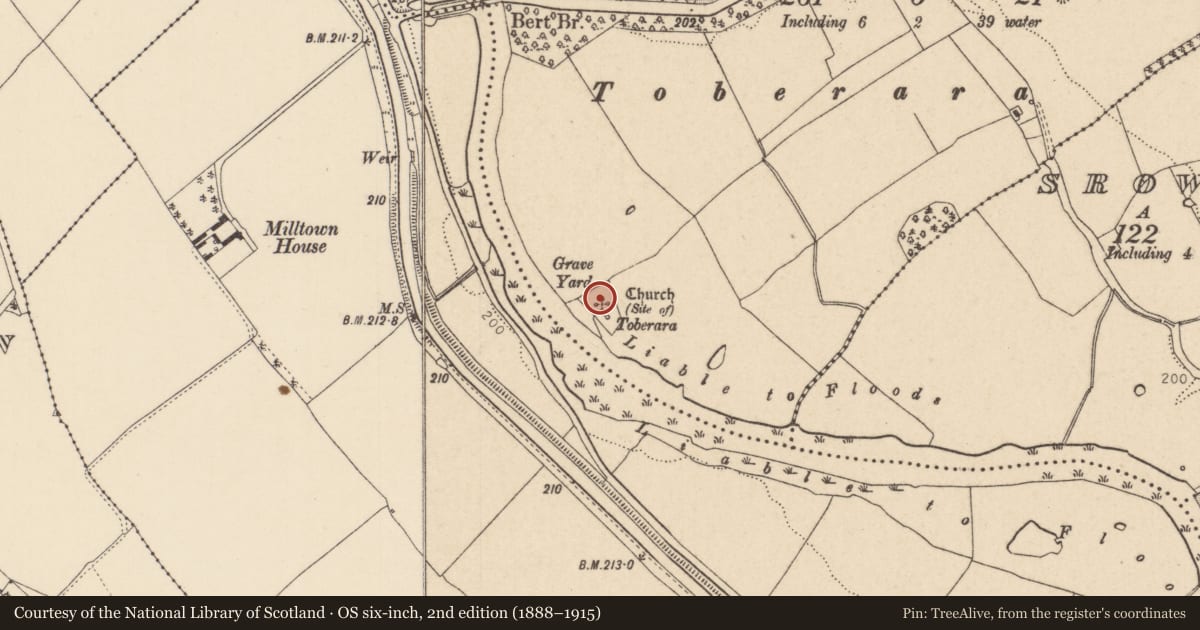 Ordnance Survey six-inch map, 2nd edition (1888–1915) covering the location of Church, Tyrrellstown, County Kildare, with a pin at the register's coordinates