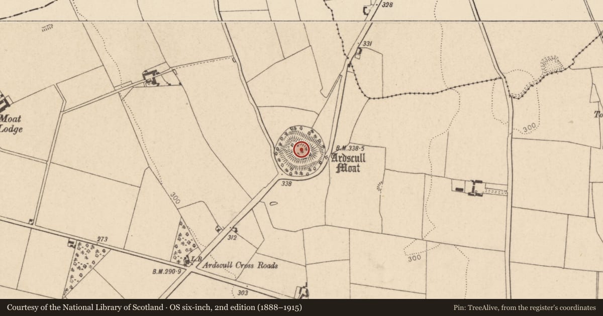 Ordnance Survey six-inch map, 2nd edition (1888–1915) covering the location of Castle - motte, Ardscull, County Kildare, with a pin at the register's coordinates